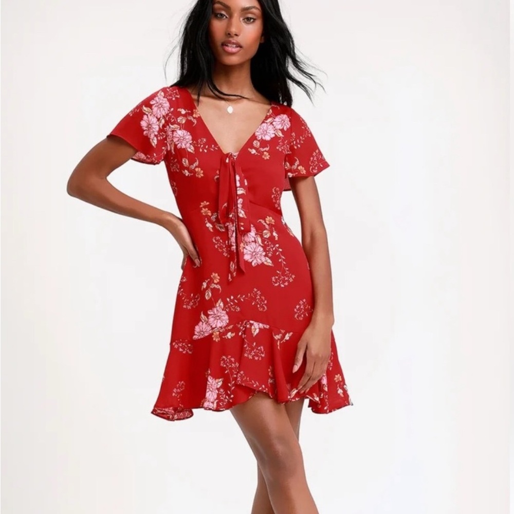 BB Dakota Floral Flutter Sleeve Red Dress